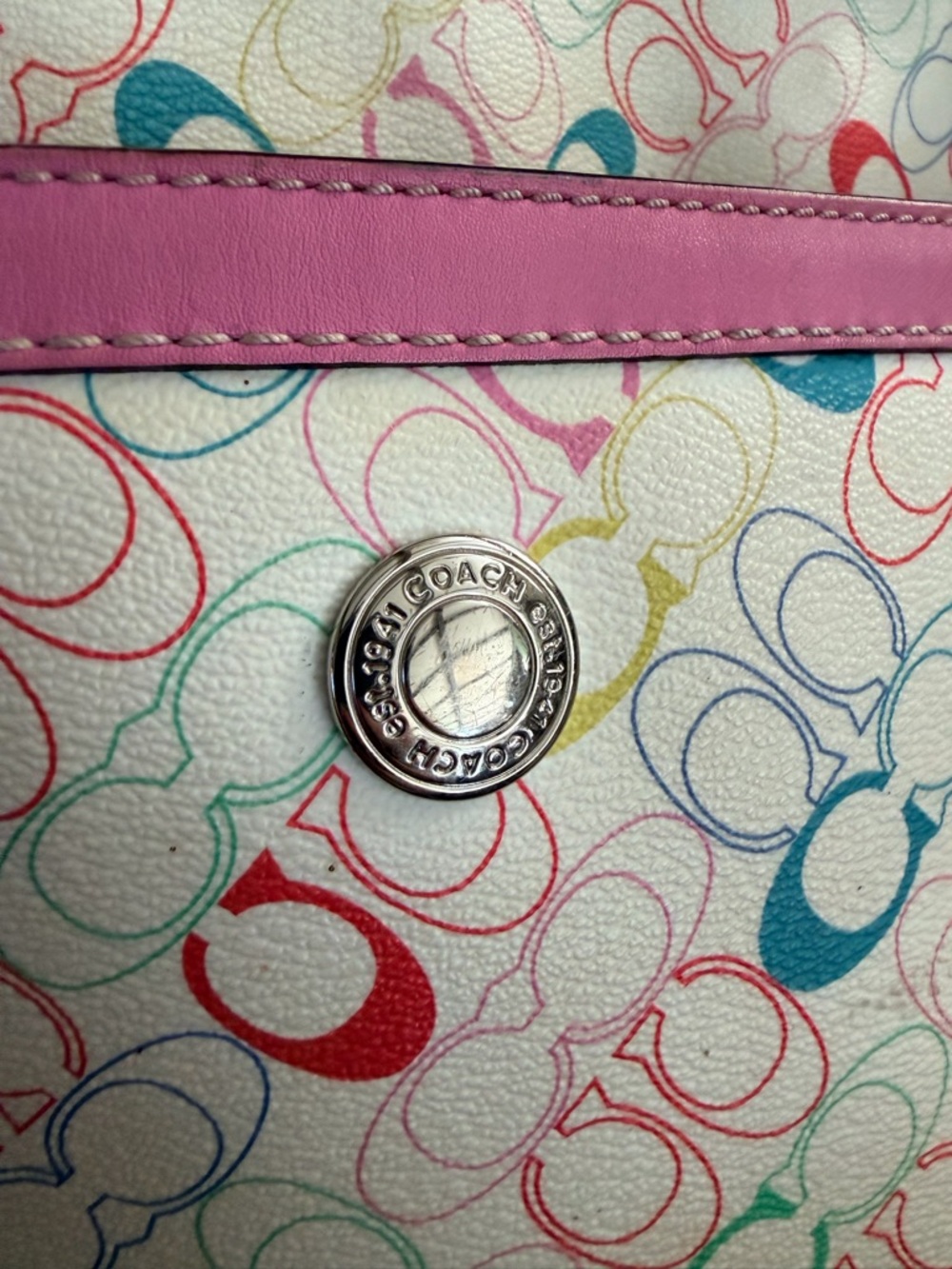 Coach Multicolor Signature Canvas Tote with Pink Trim - Picture 5 of 9